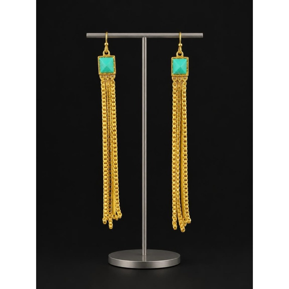 Vince Camuto Gold Turquoise Chain Fringe Tassel Statement Fishhook Earrings
